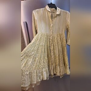 Anouk Grewal Floral Striped  Tiered Midi Shirt Dress Mint Green Cottagecore S